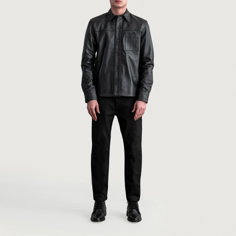 Mens Scout Black Leather Shirt Full Length-2-1724247679060